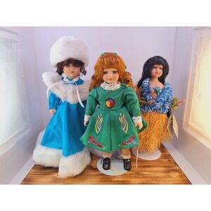 Vintage Porcelain Doll Lot X3 W/ Stands Hawaii Ireland Russian Around World‎ 12"